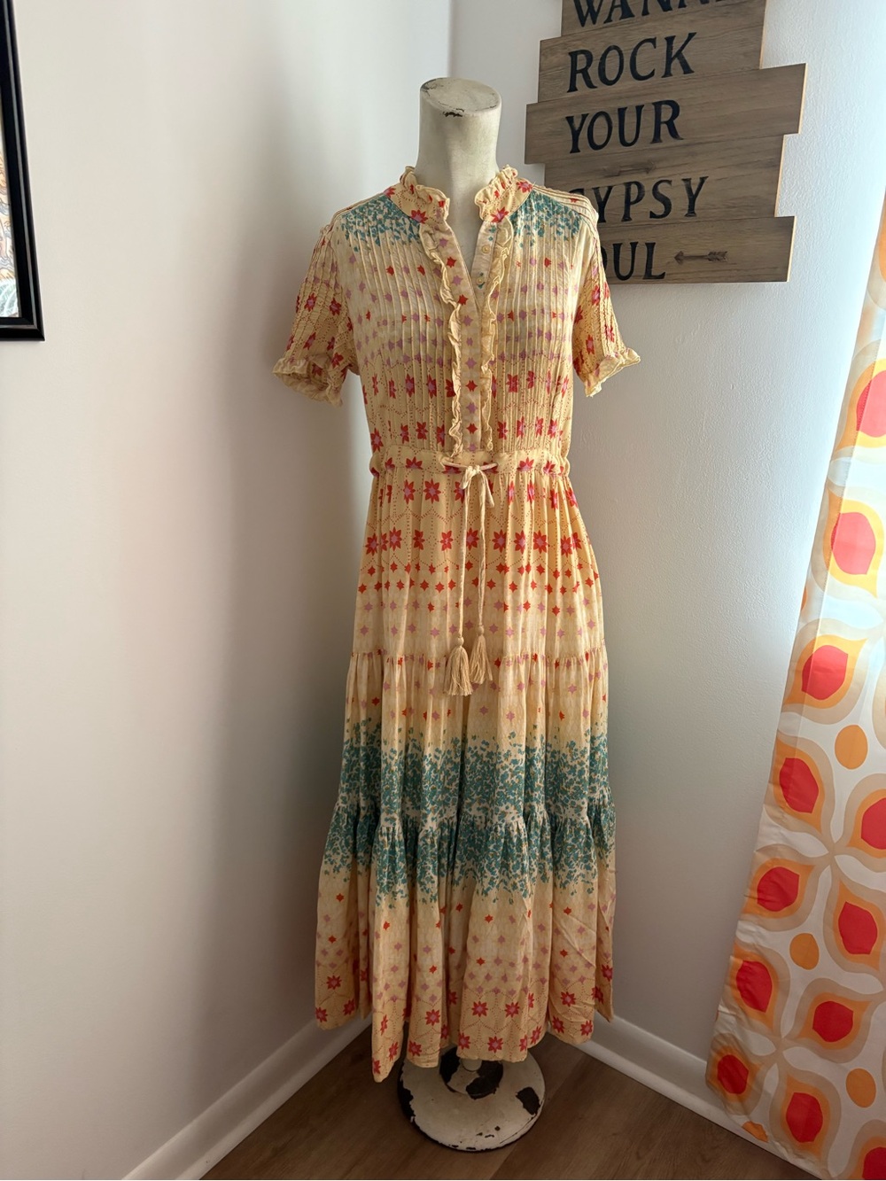 Free People Cream Maxi Dress with Red and Teal Prints
